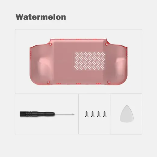 Retroid Pocket Nova Bumped Back Shell in translucent glossy watermelon pink, rear view with vent slots, screws and tools