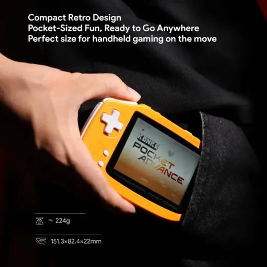 Hand slipping orange KONKR Pocket Advance retro gaming handheld into textured black pocket, front angle, white D-pad