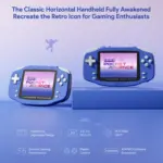 Smooth blue KONKR Pocket Advance retro gaming handhelds, front and angled on plinth with 3.5 inch screens