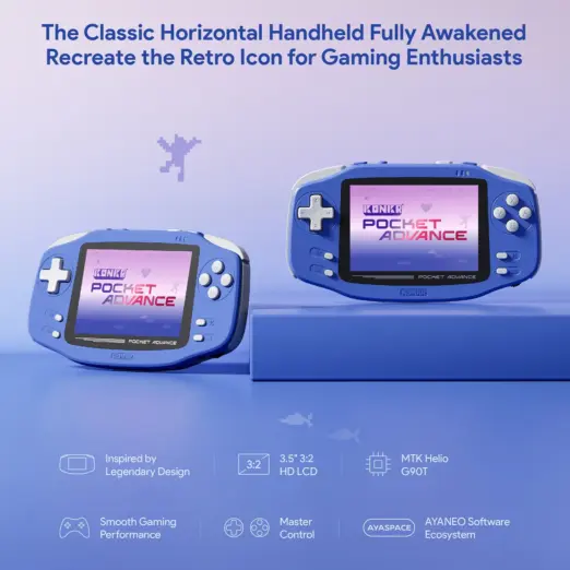 Smooth blue KONKR Pocket Advance retro gaming handhelds, front and angled on plinth with 3.5 inch screens