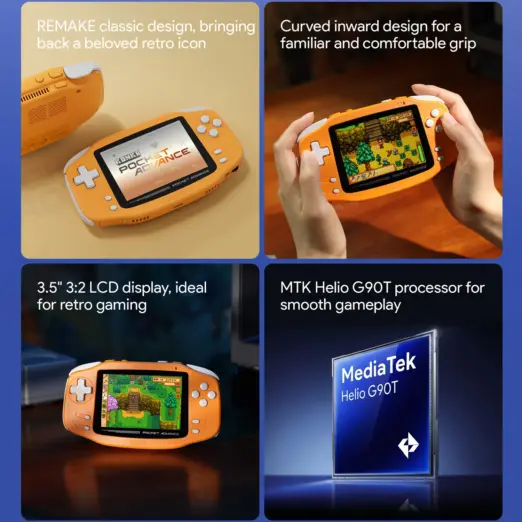 Matte orange KONKR Pocket Advance retro gaming handheld collage with white buttons, 3.5-inch screen, and Helio G90T chip