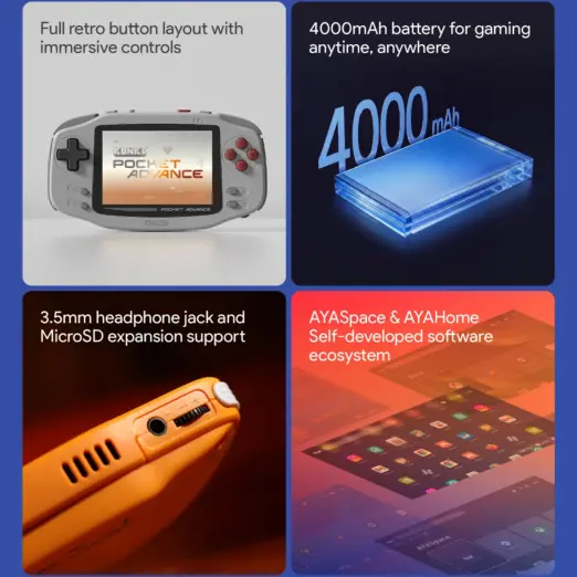 KONKR Pocket Advance feature collage with gray retro handheld front, blue 4000mAh battery, orange 3.5mm jack