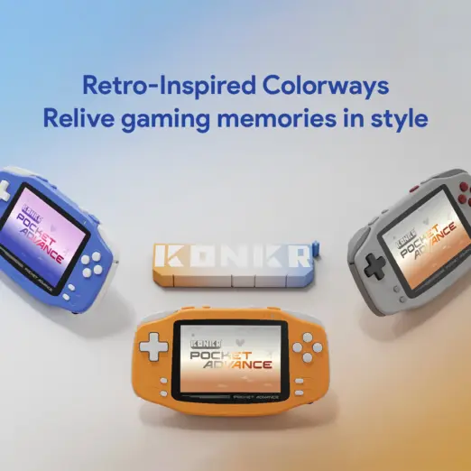 KONKR Pocket Advance retro gaming handhelds in glossy blue, orange and grey, angled on soft gradient backdrop