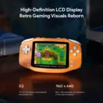 KONKR Pocket Advance textured orange retro gaming handheld front view, white buttons and 3.5 inch LCD showing pixel game