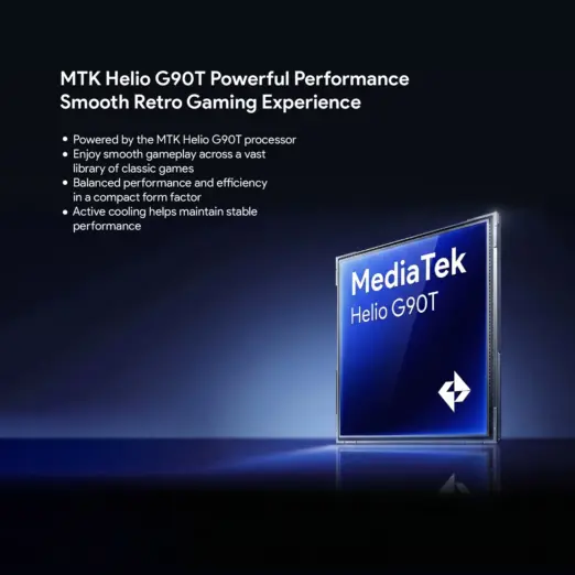 KONKR Pocket Advance graphic showing an angled glossy blue MediaTek Helio G90T chip with white text on a dark gradient