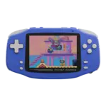 Front view of KONKR Pocket Advance smooth navy retro gaming handheld with grey controls and pixel game screen