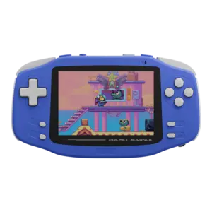 Front view of KONKR Pocket Advance smooth navy retro gaming handheld with grey controls and pixel game screen