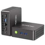 Two dark grey GMKtec mini PCs with textured top panels. One stands vertically to display rear ports, which include two HDMI p