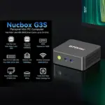An infographic for the Nucbox G3S Personal Mini PC Computer alongside a 3D render of the device. Specifications listed in a g