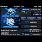 A multi-panel spec sheet detailing the Nucbox G3S's features. The panels highlight the 4-core/4-thread 3.4GHz Intel N95 chip,