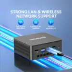 A promotional graphic titled "Strong LAN & Wireless Network Support" showing the rear of the mini PC with a blue, glowing Eth