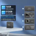 An instructional graphic highlighting the device's storage capabilities, showing 16GB DDR4 SODIMM RAM and a 512GB M.2 2242 SS