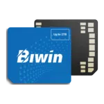 Blue Biwin CL100 Mini SSD card shown front and back side by side on white, with label and gold contacts visible