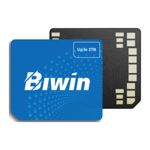 Blue Biwin CL100 Mini SSD card shown front and back side by side on white, with label and gold contacts visible