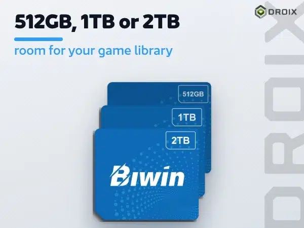 Blue Biwin CL100 Mini SSD cards shown in 512GB, 1TB and 2TB capacities for storing a handheld game library