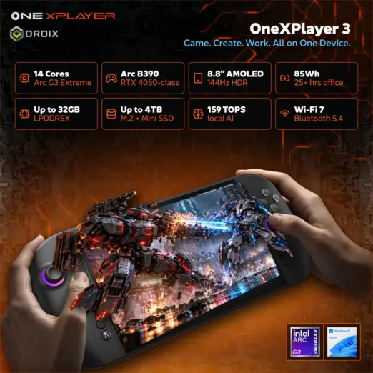 Black OneXPlayer 3 handheld gaming PC held in both hands running a game, with key feature overview