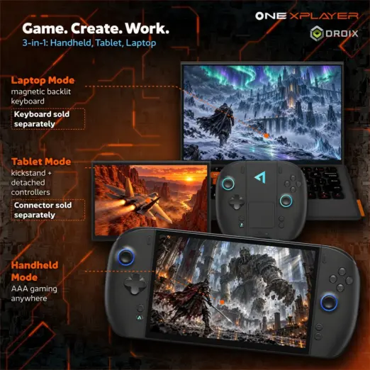 Black OneXPlayer 3 handheld gaming PC in handheld, tablet with kickstand and laptop keyboard modes