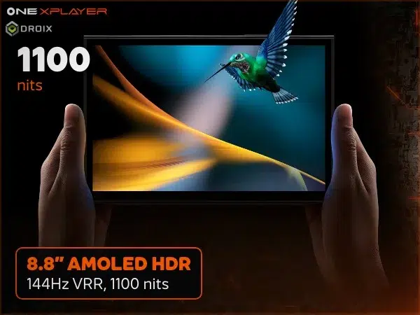 ONEXPLAYER 3 9 Black OneXPlayer 3 handheld gaming PC held in hands, 8.8-inch AMOLED HDR, 144Hz VRR, 1100 nits