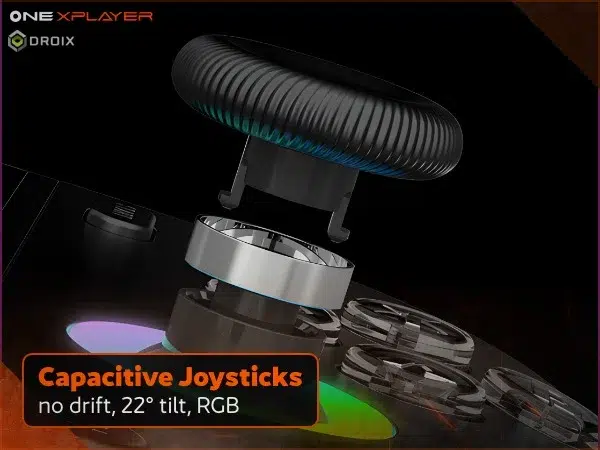 Black OneXPlayer 3 handheld gaming PC capacitive joystick close-up with RGB ring and 22 degree tilt