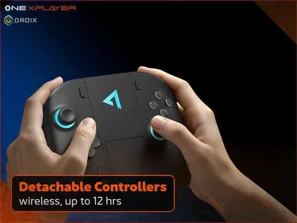 ONEXPLAYER 3 10 Black OneXPlayer 3 handheld gaming PC detachable wireless controllers in hands, up to 12 hours play