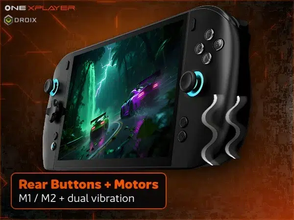 Black OneXPlayer 3 handheld gaming PC rear M1 and M2 buttons with dual vibration motors shown