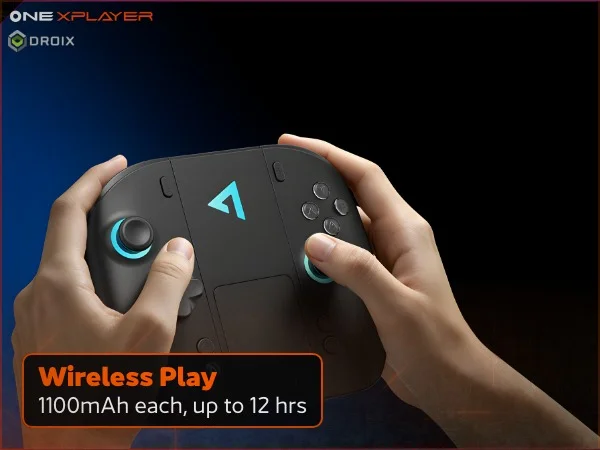 Black OneXPlayer 3 detachable wireless controllers held in hands, 1100mAh each, up to 12 hours