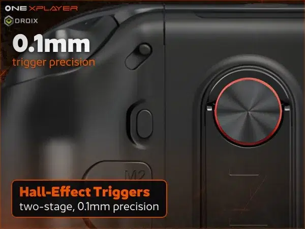 ONEXPLAYER 3 12 Black OneXPlayer 3 handheld gaming PC close-up of two-stage Hall-effect triggers, 0.1mm precision