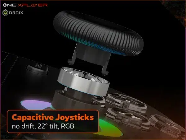ONEXPLAYER 3 13 Black OneXPlayer 3 handheld gaming PC close-up of capacitive RGB joystick, no drift, 22-degree tilt