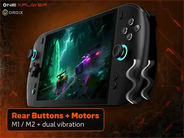 ONEXPLAYER 3 14 Black OneXPlayer 3 handheld gaming PC rear view with M1 and M2 buttons and dual vibration motors