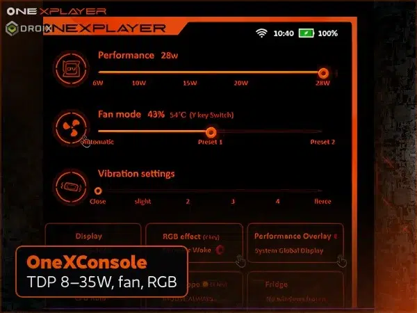 ONEXPLAYER 3 15 Black OneXPlayer 3 handheld gaming PC OneXConsole software screen with TDP 8-35W, fan and RGB